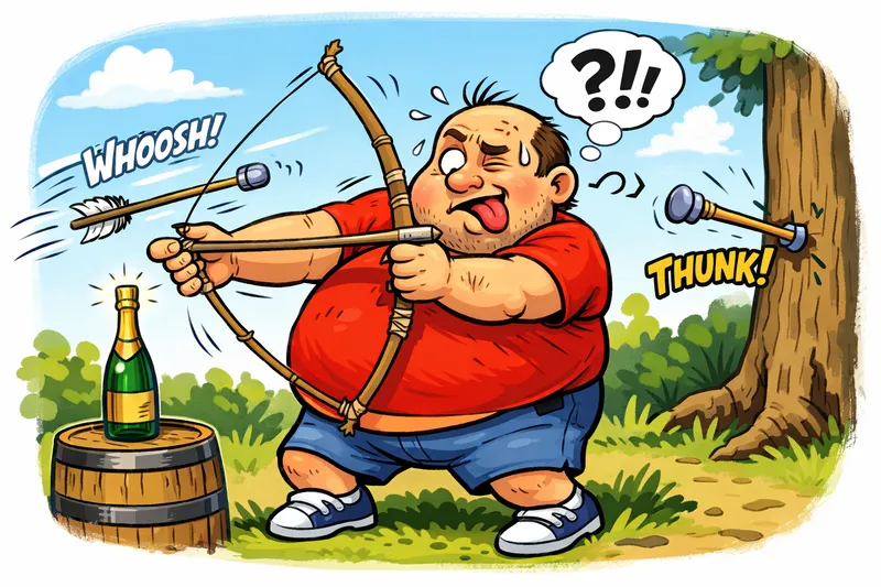 Cartoon of a man trying to shoot a champagne bottle with a bow and arrow, missing badly