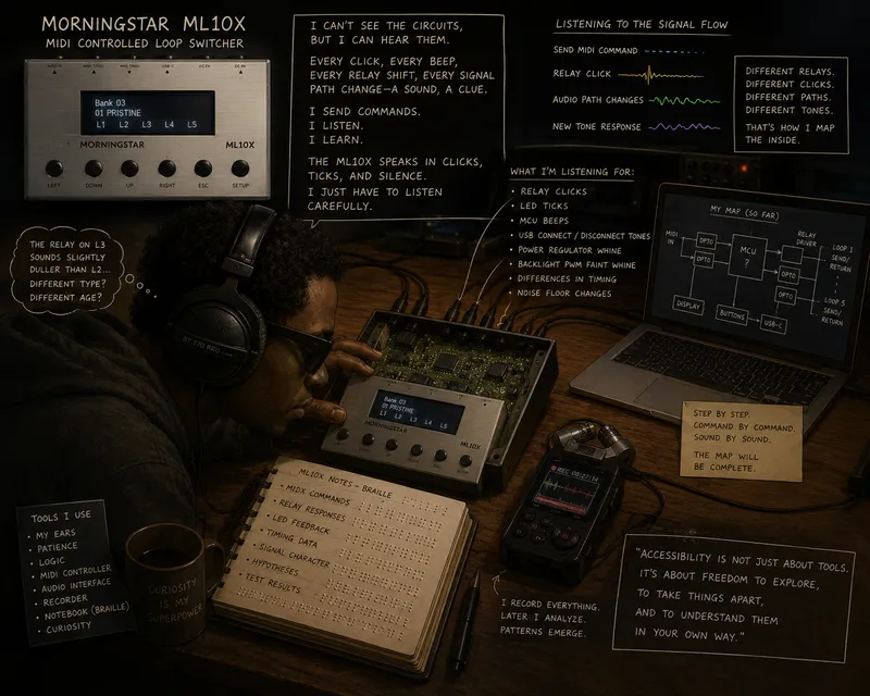 Illustration of a blind man in headphones leaning close to an opened Morningstar ML10X loop switcher at a dimly lit workbench.